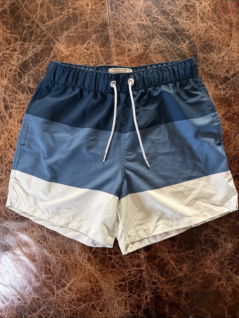 Abercrombie & Fitch Blue Colorblock Swim Trunks with White Drawstring